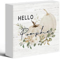 Fall Pumpkin Wooden Box Decor, Rustic Autumn Theme Farmhouse Wooden Block Decorations for Home Room Wall Tabletop Shelf, White Pumpkin Square Sign by Luipk
