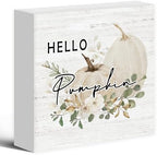 Fall Pumpkin Wooden Box Decor, Rustic Autumn Theme Farmhouse Wooden Block Decorations for Home Room Wall Tabletop Shelf, White Pumpkin Square Sign by Luipk