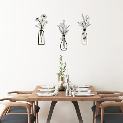 3 Pieces Metal Vase Flowers Wall Arts - Rustic Farmhouse Style Décor Metal Wall Art Black Minimalist Flower Natural Themed Wall Decors for Home Bedroom Dining Room Housewarming (Brown-Blue, Vase-C) - Image 4