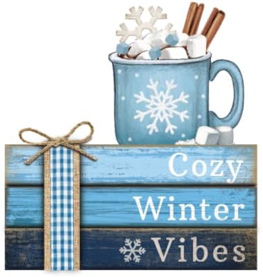 4 Pcs Christmas Tiered Tray Decorations Hot Cocoa Mug Table Ornaments Mini Gingerbread Wooden Book Sign Winter Blue Tabletop Centerpiece with Jute Rope for Xmas Home Shelf Holiday Decor by Anglechic