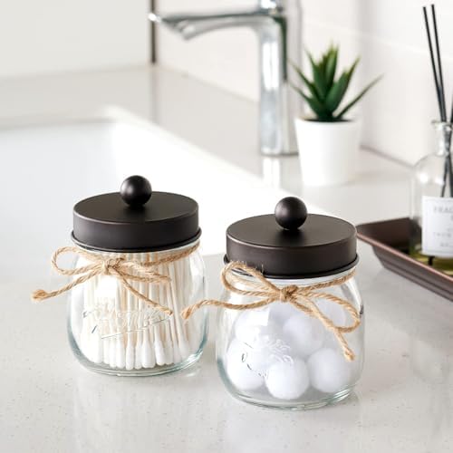 SheeChung 3 Pack Glass Mason Jar Qtip Holder, Bronze Stainless Steel Lids - Image 2