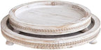 2 Piece Whitewashed Wooden Serving Tray Set with Beaded Design, Farmhouse Centerpiece Table Decorations, Round Coffee Table Tray for Living Room Home Decor, Ottoman Tray Decor for Rustic Styles by MACVAD