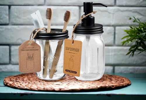 SheeChung 2 Piece Mason Jar Soap Dispenser and Toothbrush Holder Set, Black - Image 5