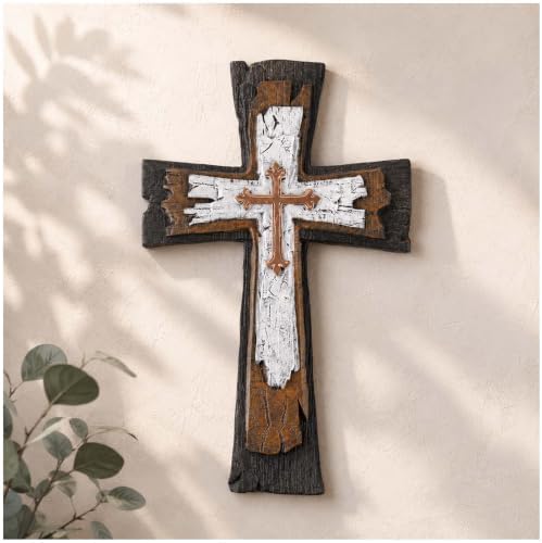 Rustic Layered Wall Cross Decor - 12 Inch Vintage Resin Hanging Crucifix with Gold Accents, Distressed Wood Style Decorative Cross with Keyhole Hanger for Home Altar, Living Room, or Religious Gift by Magicsculp