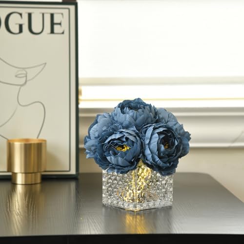 Artificial Peony Silk Flower Centerpieces with LED Light Faux Floral Arrangement in Glass Vase for Home Wedding Table Decoration (Dusty Blue) - Image 4