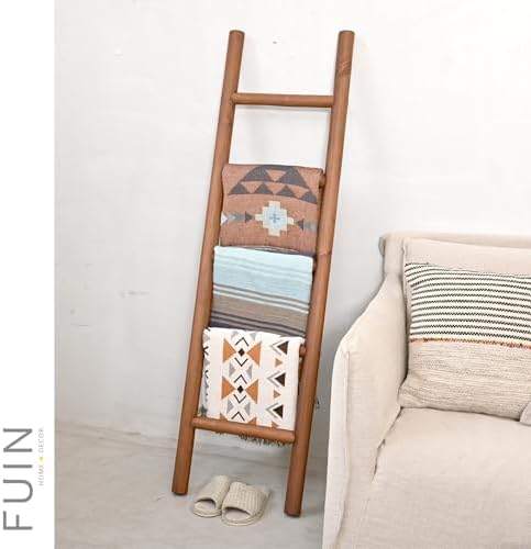 FUIN Blanket Ladder, 57in Rustic Wood Decor Rack, Fully Assembled, DK.Brown - Image 2
