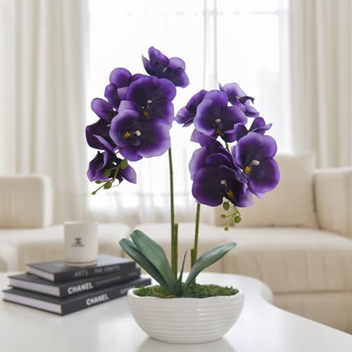 Large Artificial Orchid Arrangement in Oval Ribbed Ceramic Pot, Deep Purple - Image 5