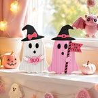 Valery Madelyn Pink Halloween Decor, Set of 2 Cute Halloween Ghost Decor, Witch Hat Boo & Trick or Treat Wooden Tabletop Signs for Home, Shelf, Tiered Tray Party Display, 5 Inch - Image 2