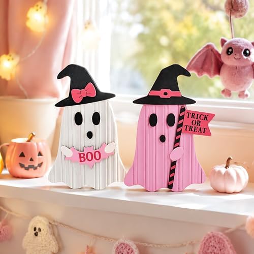 Valery Madelyn Pink Halloween Decor, Set of 2 Cute Halloween Ghost Decor, Witch Hat Boo & Trick or Treat Wooden Tabletop Signs for Home, Shelf, Tiered Tray Party Display, 5 Inch - Image 2