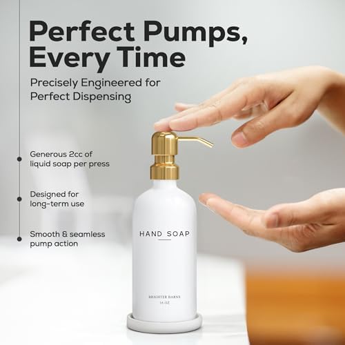 Luxury Glass Hand Soap Dispenser Bathroom Set by Brighter Barns - Hand Soap Dispenser with Stainless Steel Pump - Glass Bottle with Round Tray - White and Gold Bathroom Decor & Accessories (Gold) - Image 4