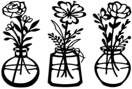 ARTINME 3 Pieces Metal Flowers Wall Arts - Rustic Farmhouse Decor Minimalist Flower Wall Decors for Living Room Bathroom Kitchen Bedroom Dining Room - Housewarming Gifts (Black) by Artinme