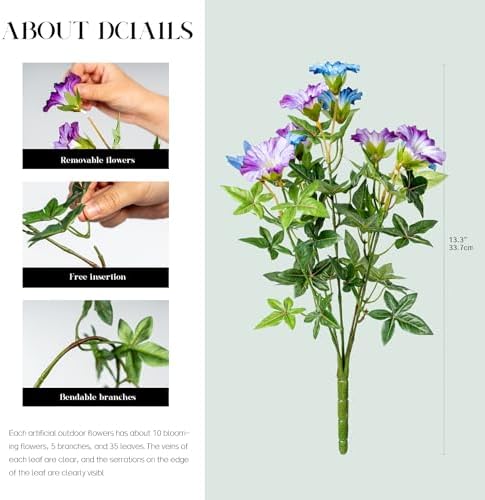 Blue Purple Artificial Morning Glory Flowers for Outdoor Planters, Premium UV Resistant Silk Faux Flowers for Porch, Hanging Basket & Window Box, Cottage Garden Decor, No Pot, 13.3 Inch, 8 Bundles - Image 2