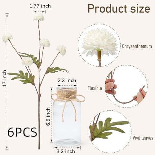 6PCS Mums Artificial Flowers with Vase - Small Silk Fake Flowers Suitable for Vase Bedroom Dining Room Living Rooms Decor Home Table Decor - Image 2