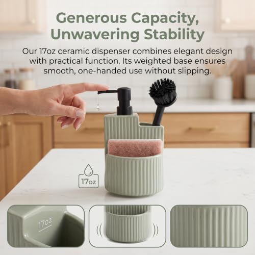 RQYIXI 3-in-1 Ceramic Round Soap Dispenser with Sponge Holder,Green,18 Oz - Image 4