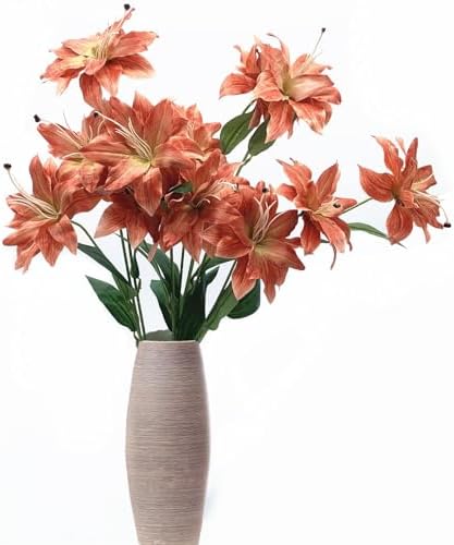 Artificial Lily Flowers, Vintage Fake Silk Flower Long Stems Stargazer Lilies Real Touch Faux Plants Stem Tiger Bouquets for Home Decor Indoor Outdoor Wedding Party Floral DIY Decorations Brown 4 Pack - Image 3