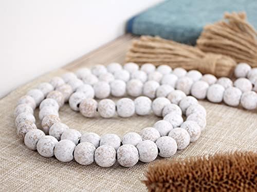 RAMIRABI 58in Wood Bead Garland, Farmhouse Rustic Country Decor, Whitewash - Image 3