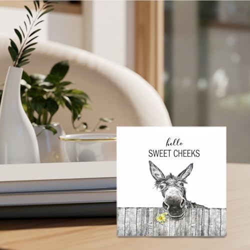 Funny Bathroom Wooden Signs - Rustic Hello Sweet Cheeks Bathroom Decor, Funny Farmhouse Donkey Decor, 6 X 6 Inches - Image 3