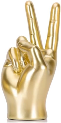 LCCCK Gold Hand Sculpture Peace Sign Decor, Cool Gesture Hand Statue Finger Knick Knack for Shelves, Weird Gift Funky Sculpture for Desk Bookshelf TV Stand Accent Ornaments Peaceful Decor by LCCCK
