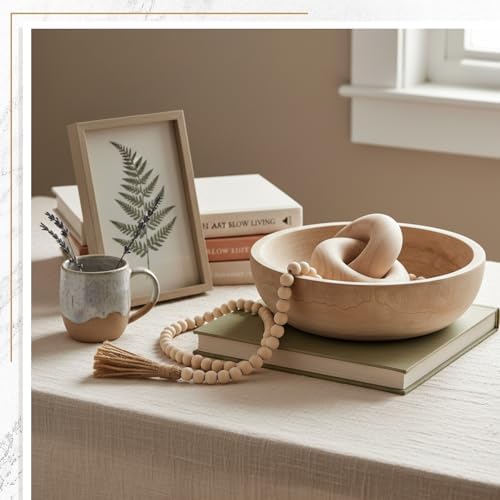 Novabright Farmhouse Wooden Bowl Set with Chain Beads, Natural - Image 3