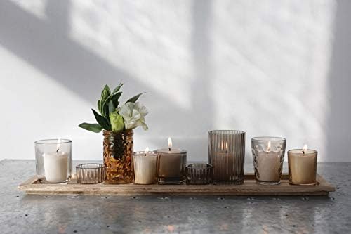 Creative Co-Op 9‑Piece Round Glass Votive Holders on Solid Paulownia Wood Tray, Brown Rustic Finish - Image 3