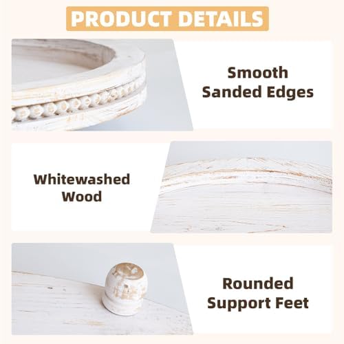 Farmhouse Oval Wooden Decorative Trays Set of 2, Distressed White Solid Wood Beaded Trays for Coffee Table, Kitchen Counter, Ottoman & Dining Table Centerpiece Decor - Image 7