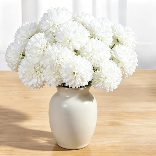 Tinsow 12PCS Artificial Ball Chrysanthemum Faux Flowers Bouquet White - Image 7