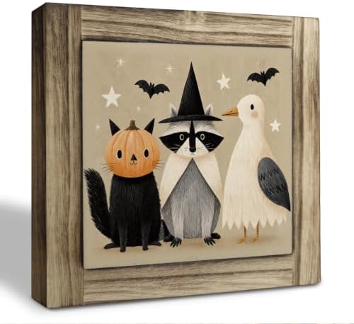 Cute Halloween Animals Wood Plaque Sign, Rustic Tabletop Art Decor 40 by XJCUG