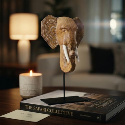 Elephant Wood Statue Home Decor Boho Tribal Carved Accent - Image 6