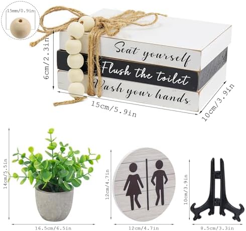 Bathroom Shelf Decor Signs, Book Stack and 3D Round Signs With Fake Plants, Funny Wooden Decor for Restroom Shelf Guest Bathroom (Flush the toilet) - Image 2