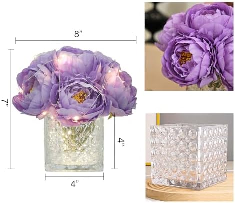 Artificial Peony Silk Flower Centerpieces with LED Light Faux Floral Arrangement in Glass Vase for Home Wedding Table Decoration (Purple) - Image 2