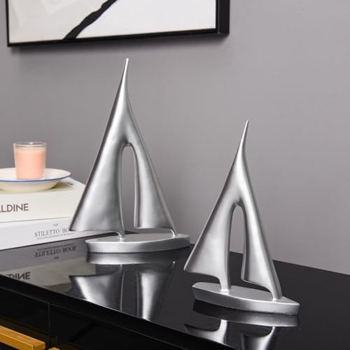 Modern Sculptures Home Decor, Silver Sailboat Decor Ornament, Boat Decorations Statue Decor, Art Sculptures and Statues, Sailboat Gifts Home Office Bathroom Shelf Decor Nautical Decor (2 Pack) - Image 4