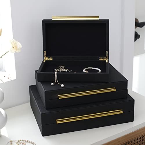 Faux Shagreen Decorative Stackable Jewelry Storage Boxes Set of 3,Black - Image 6