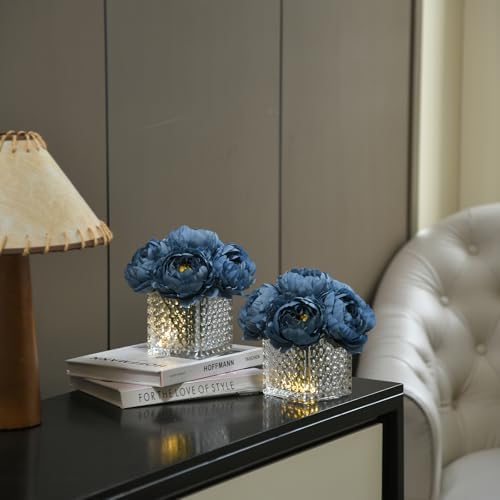 Artificial Peony Silk Flower Centerpieces with LED Light Faux Floral Arrangement in Glass Vase for Home Wedding Table Decoration (Dusty Blue) - Image 5