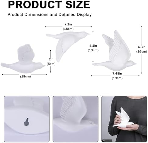White 3D Flying Bird Wall Decor Set of 3, Resin Bird Wall Sculptures - Image 2