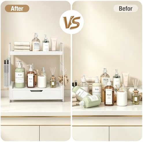2-Tier Bathroom Counter Organizer with Drawer, Wood Counter Storage Shelf - Image 4