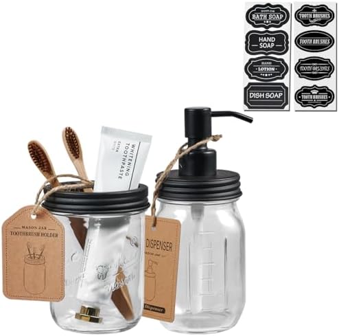 SheeChung 2 Piece Mason Jar Soap Dispenser and Toothbrush Holder Set, Black by SheeChung
