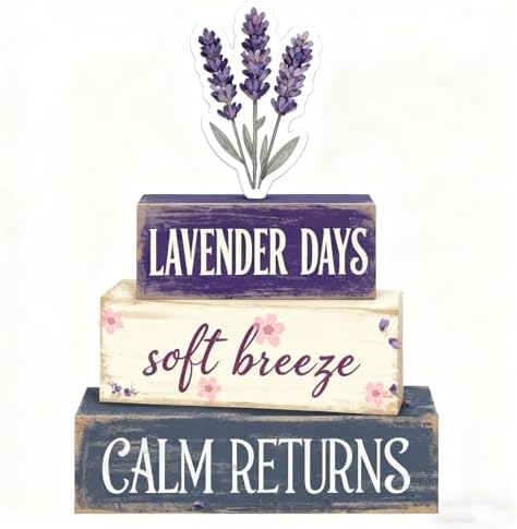 Spring Decoration For Home Wooden Lavender Tiered Tray Decor Rustic Spring Block Sign with Lavender Farmhouse Tabletop Spring Decor Centerpiece for Tables Seasonal Home Easter Decor by Unknown