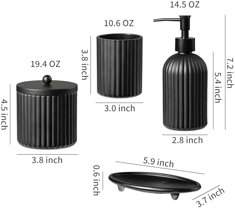 4PCs Heavy Weight Decent Glass Bathroom Accessories Set with Decorative Pressed Pattern - Includes Hand Soap Dispenser & Tumbler & Soap Dish & Toothbrush Holder (Black) - Image 6