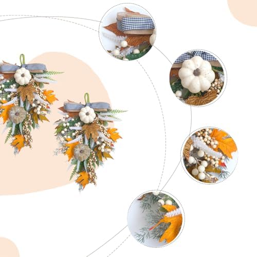 2PCS Fall Teardrop Swags 20inch Thanksgiving Wreath, Eucalyptus Berries Pumpkins Lamb Ears Leaves Autumn Wreaths for Front Door, Fall Decor, Porch Wall, Home Outdoor Holiday Decorations (C) - Image 2