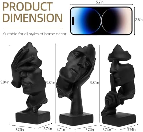 aboxoo Large 3 Pcs Thinker Statue, Silence is Gold Resin Sculptures Decor - Image 4