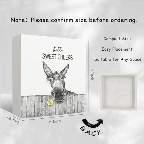 Funny Bathroom Wooden Signs - Rustic Hello Sweet Cheeks Bathroom Decor, Funny Farmhouse Donkey Decor, 6 X 6 Inches - Image 2