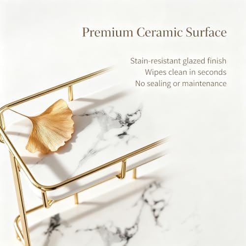 Bathroom Organizer Countertop Perfume Organizer Makeup Organizer Cosmetics Storage Display Rack Vanity Tray Dresser Stainless Steel Gold Shelf White Marble Ceramic Tray - Image 3