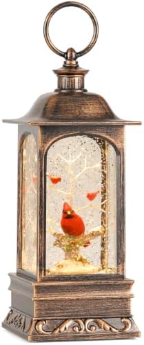 10.6 Inch Musical Cardinal Snow Globe Lantern, Lighted Christmas Snow Globe with Swirling Glitter Sequins, USB & Battery‑Operated, Festive Home Christmas Decoration for Tabletop Mantel Decor by Melunar