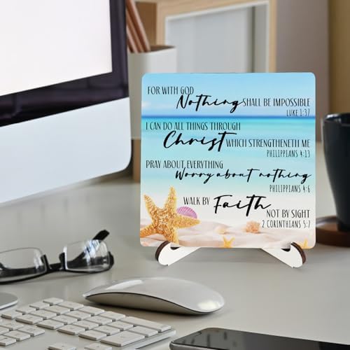Coastal Starfish Christian Wooden Sign Desk Decor, Beach Bible Verses Religious Wood Plaque Sign With Stand for Beach Lake House Home Office Desk Table Shelf Decoration, 5x5 Inch - Image 2