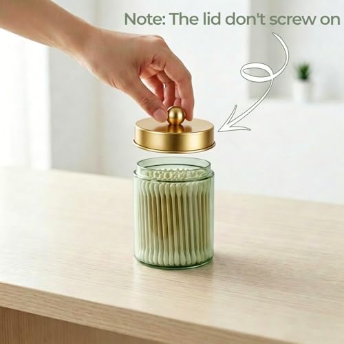 Amolliar Glass Apothecary Jar Qtip Holder w/Metal Lids, Green-Golden, 2pc - Image 2