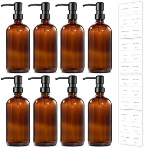 GMISUN Amber Glass Soap Dispenser, 8 Pack Bathroom Hand Soap Dispensers with Stainless Steel Pump, 17 Fl Oz Kitchen Hand and Dish Soap Dispenser Set, Modern Vintage Liquid Brown Soap Dispensers Bottle by GMISUN