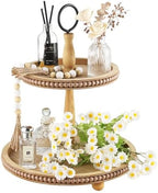 Beaded Tiered Tray Stand, Rustic Wooden 2 Tier Decorative Tray with Bead Garland, Farmhouse Round Wood Serving Tray Counter Centerpiece for Coffee Bar Home Decor Holiday Housewarming Gifts (Brown) by SYNCVIBE