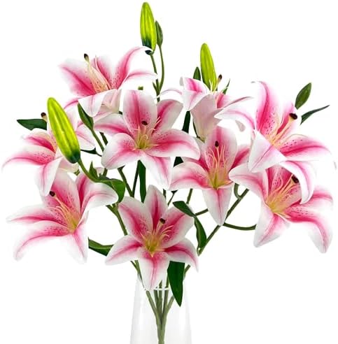 12 Artificial Lily Flowers with 9 Heads Full Bloom Lily & 3 Buds, Long Stem Artificial Stargazer Lilies, Faux Tiger Bouquets for Home Hotel Office Party Decor Table Centerpieces（Light Pink） by SOFTKIDS