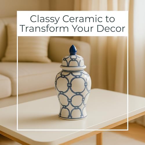 Decorative Jar with Lid Hand-Painted Pattern Stoneware Ceramic Traditional Design Home Office Bedroom Living Room Accent Decor - 14" Blue & White - Image 3