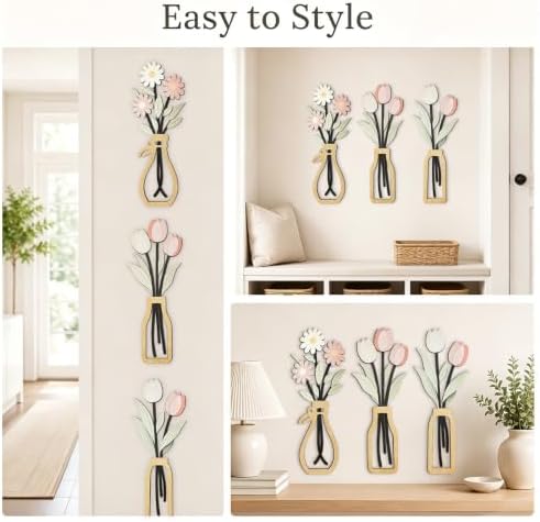 puthiac Wooden Floral Vase Wall Art Decor Set of 3, Spring Tulip & Daisy - Image 6